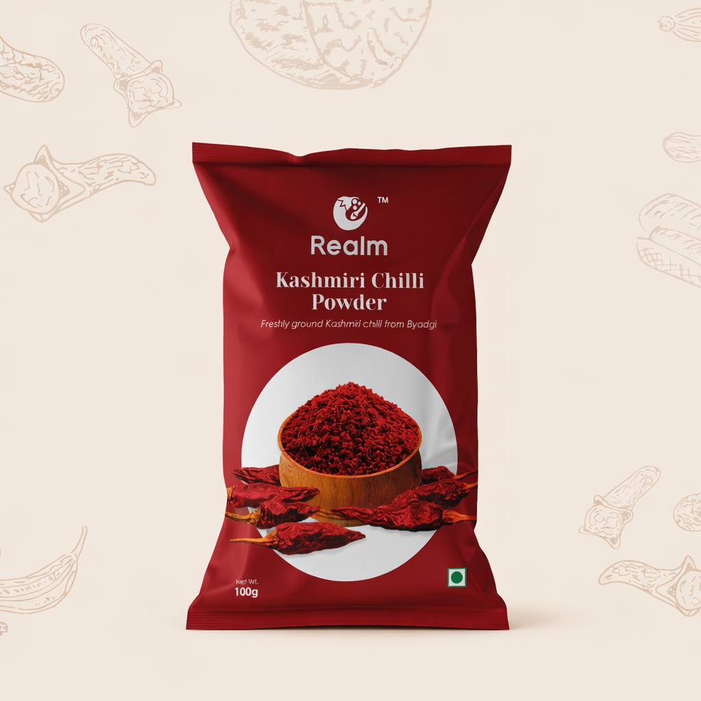 Realm Spices Kashmiri Chili Powder pouch, Byadgi sourced, deep colour, mild heat