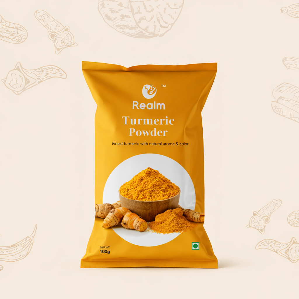 Realm Spices Turmeric Powder pouch, origin-sourced, no added colour, freshly ground